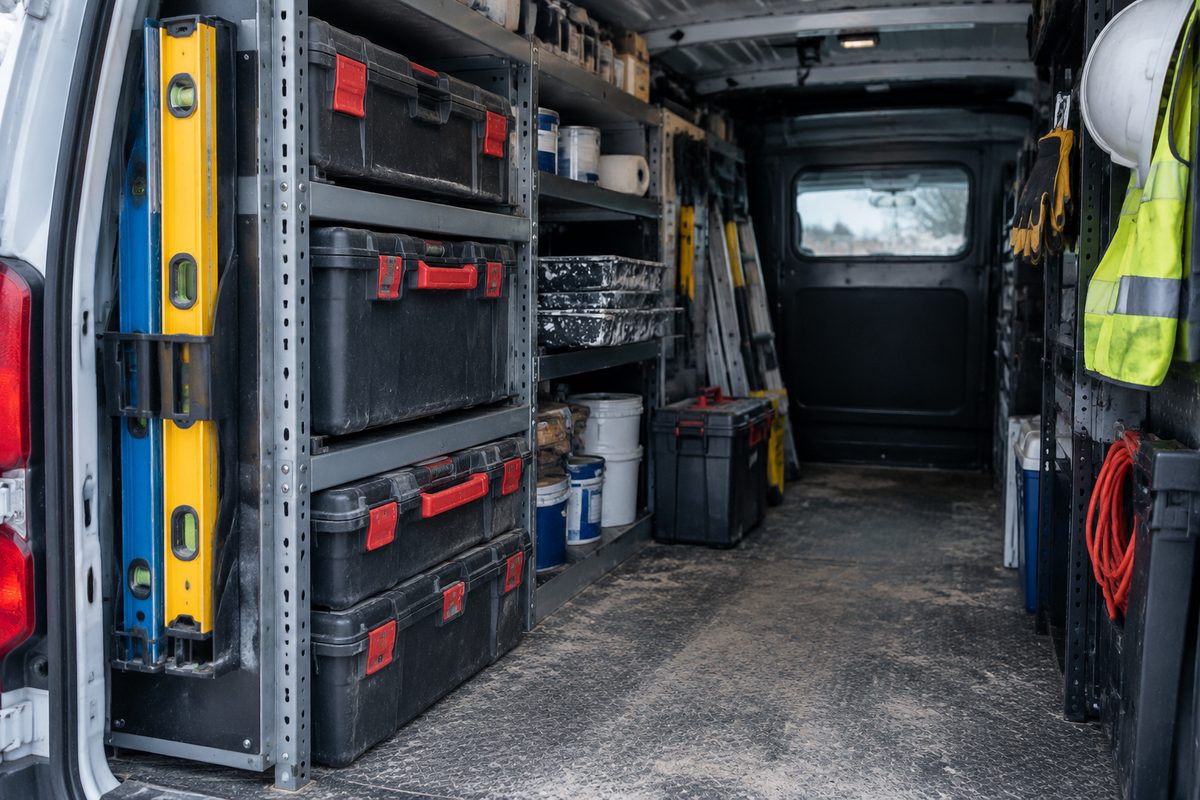 Organized service truck interior with modular tool storage and job site hardware