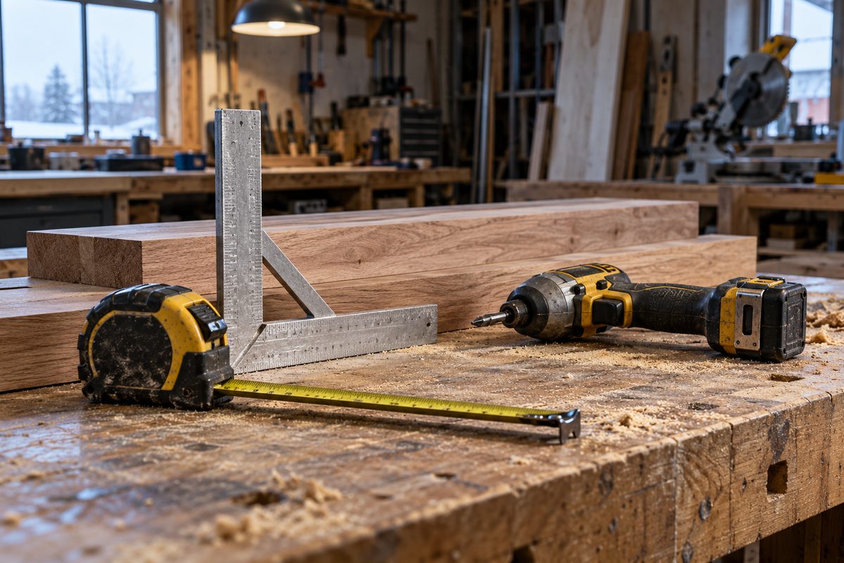 Deacon Handyman workbench with measuring tools and impact driver staged for Minot property maintenance