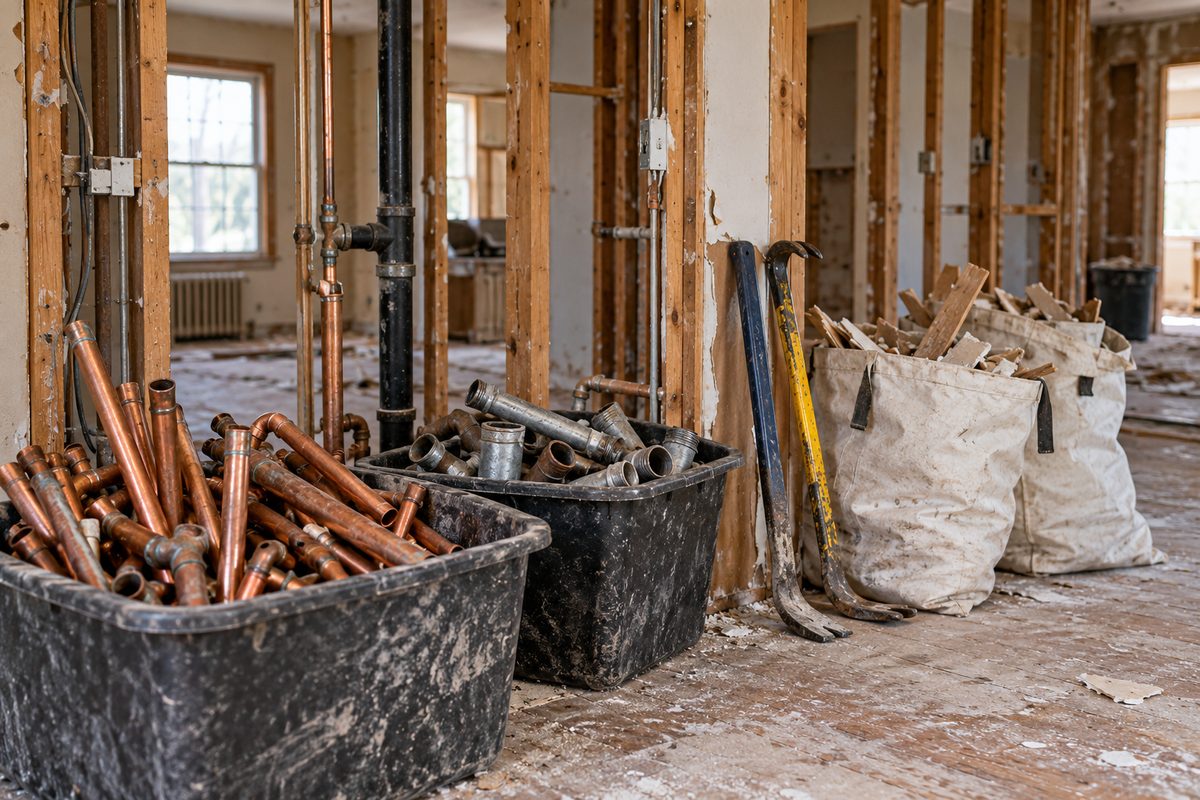 Sorted scrap metals and non-structural demolition materials prepared for recycling haul-away