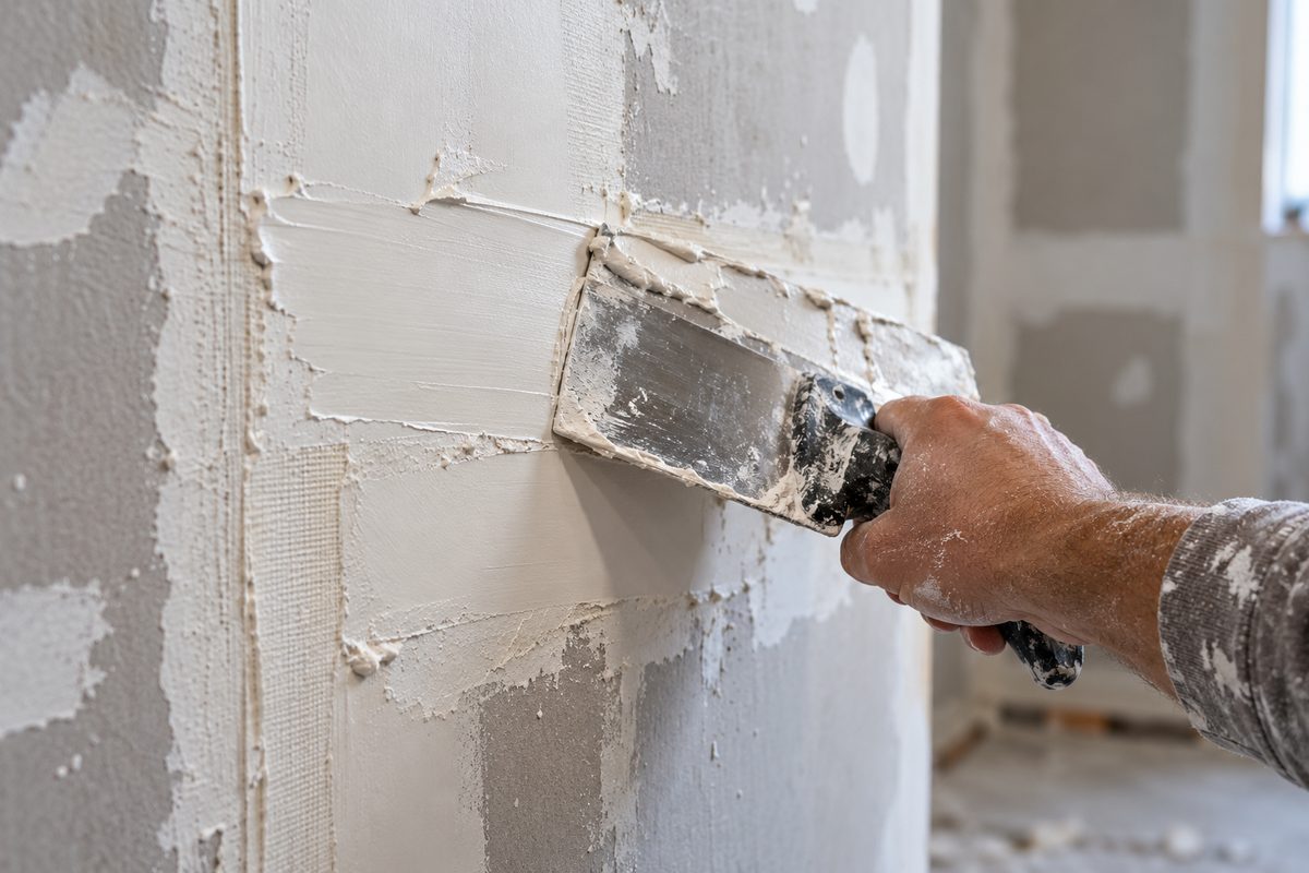 Drywall joint compound finishing during interior wall repair in Minot North Dakota