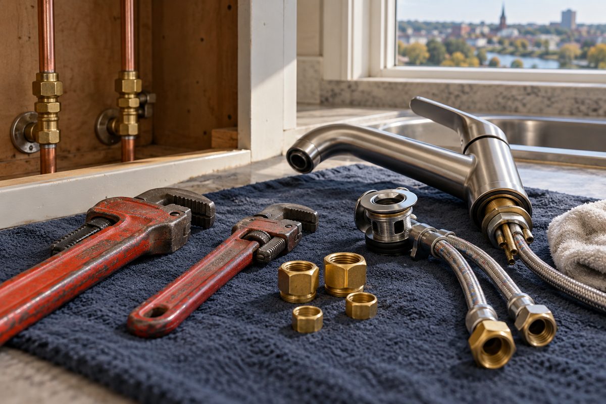 Plumbing fixture installation and replacement hardware staged for residential task